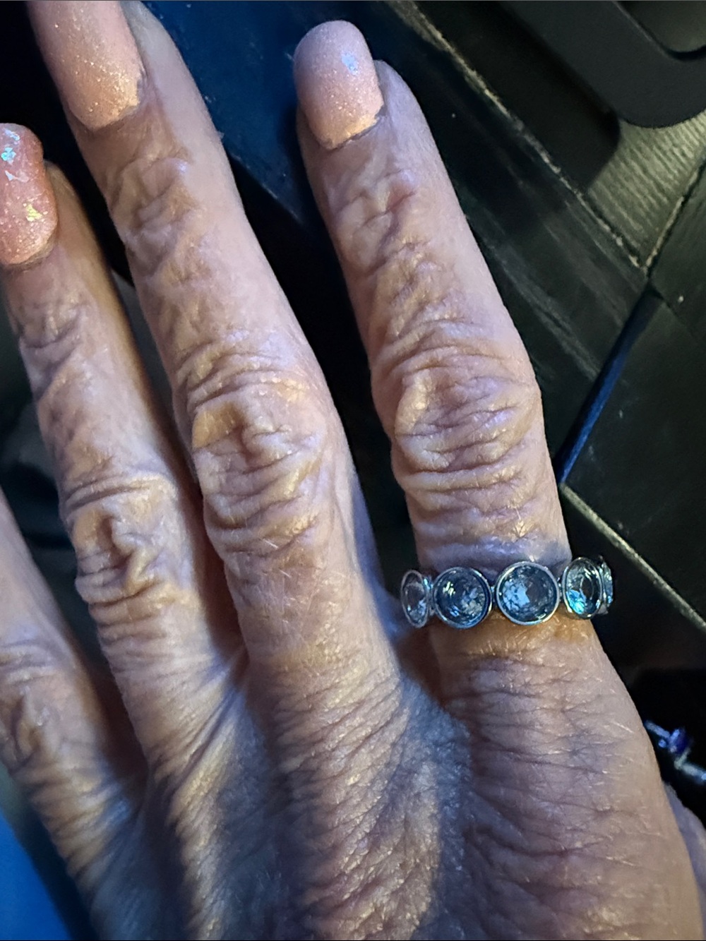 BP hematite plated Round aquamarine CZ  Band Ring - Clear Blue Stones